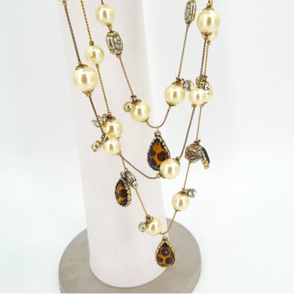 Betsey Johnson Triple Strand Necklace Faux Pearls Animal Print Rhinestone - Picture 3 of 9